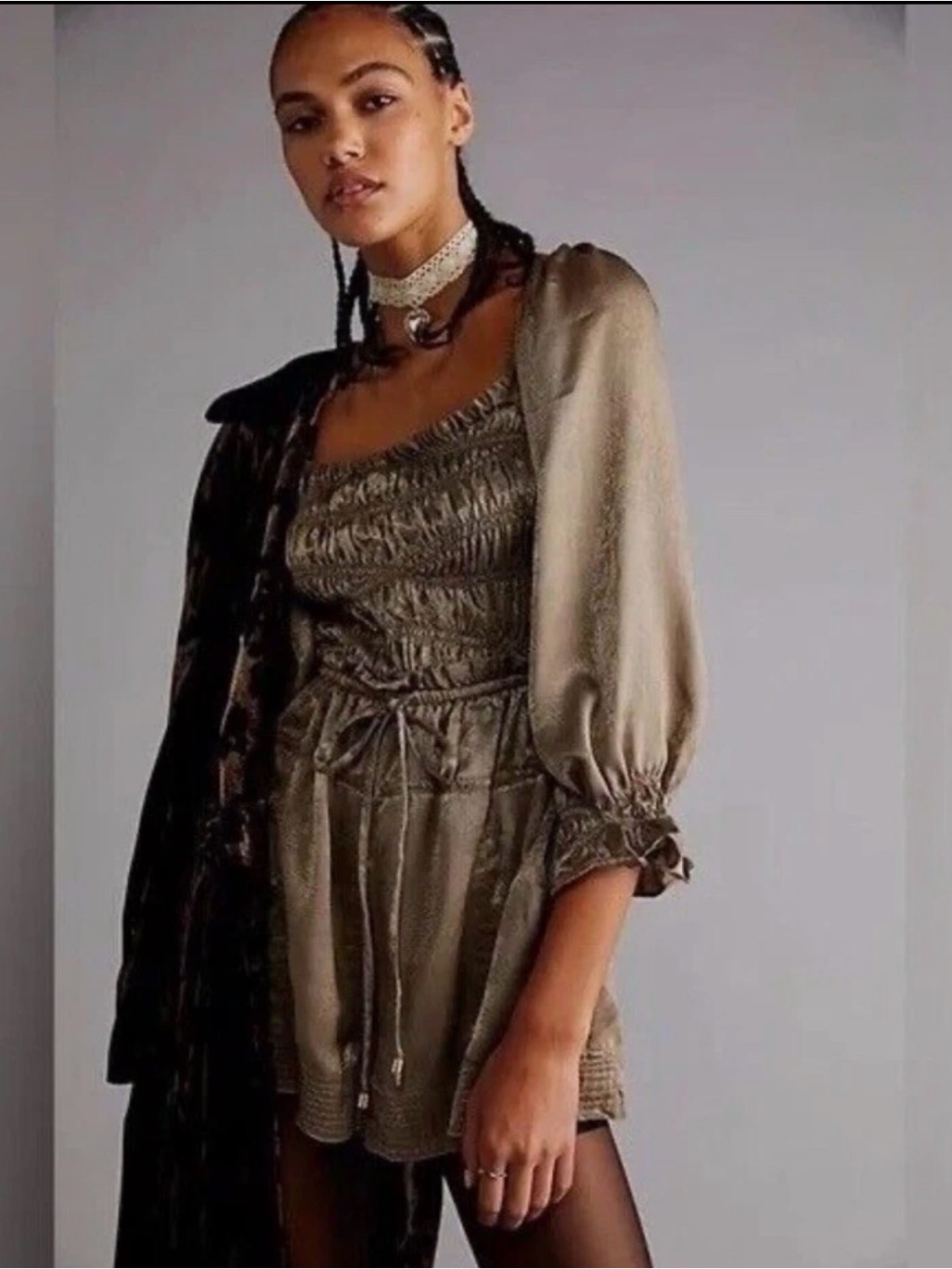 Free People Cassidy Satin Square Neck In Olive Army Greenish Romper- Size Xs